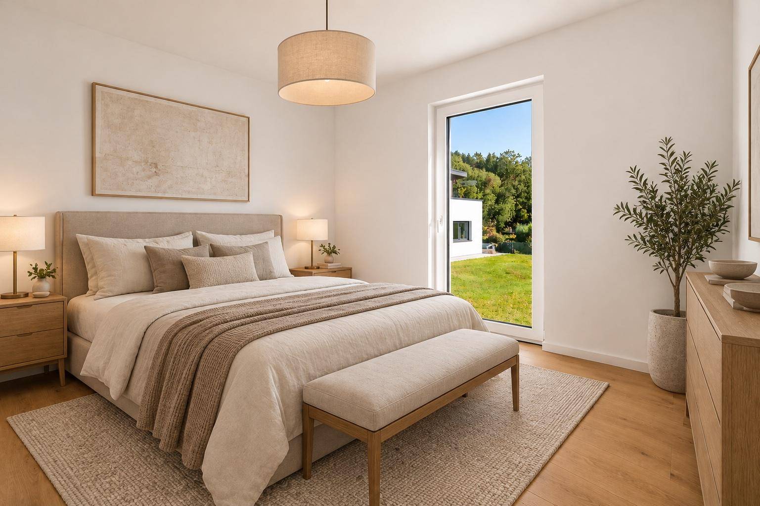 Modern eingerichtetes Schlafzimmer mit großem Fenster und Blick ins Grüne.