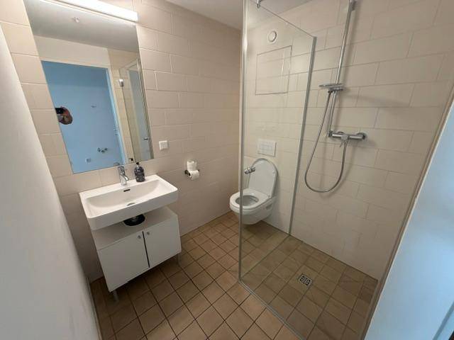 Modernes Badezimmer mit begehbarer Dusche, wandhängendem WC und einem Waschbeckenunterschrank.