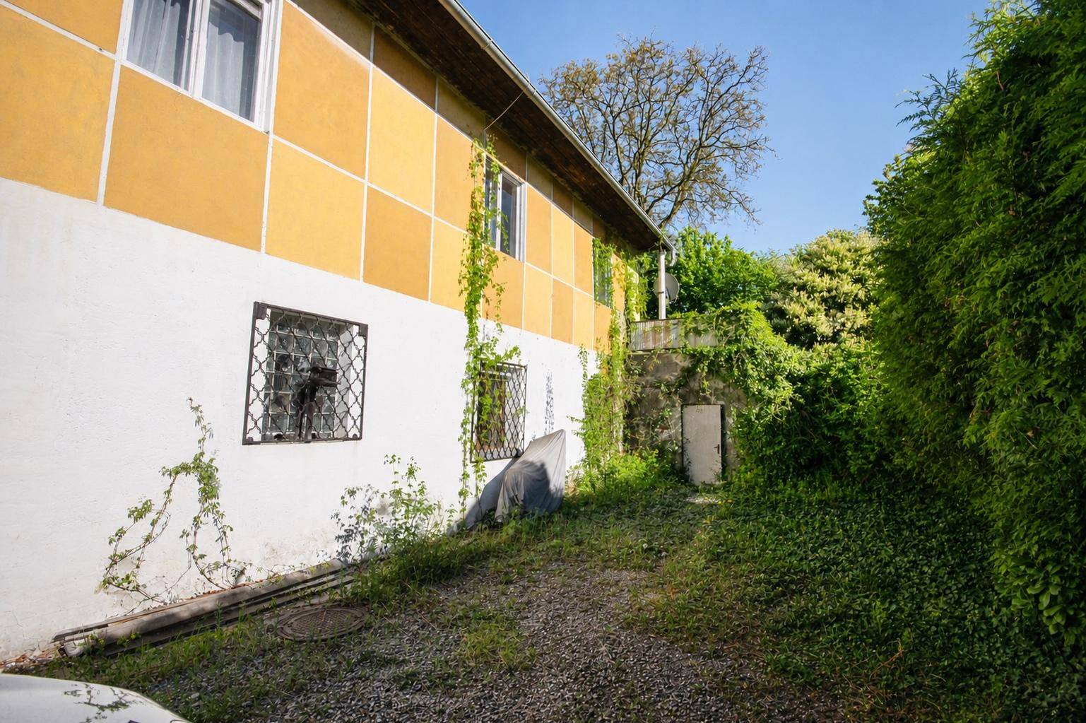 Rückseite eines Hauses mit Efeubewuchs, Schotterweg und einem kleinen Eingang.