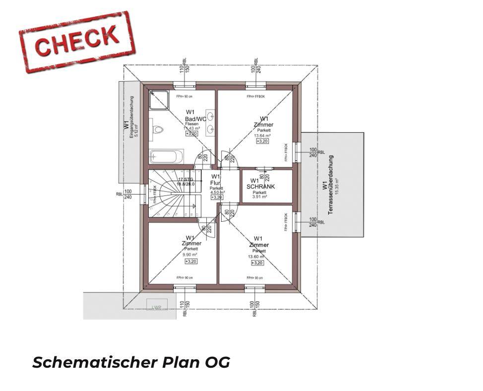 Grundriss des Obergeschosses mit Schlafzimmern, Bad und überdachtem Terrassenbereich.