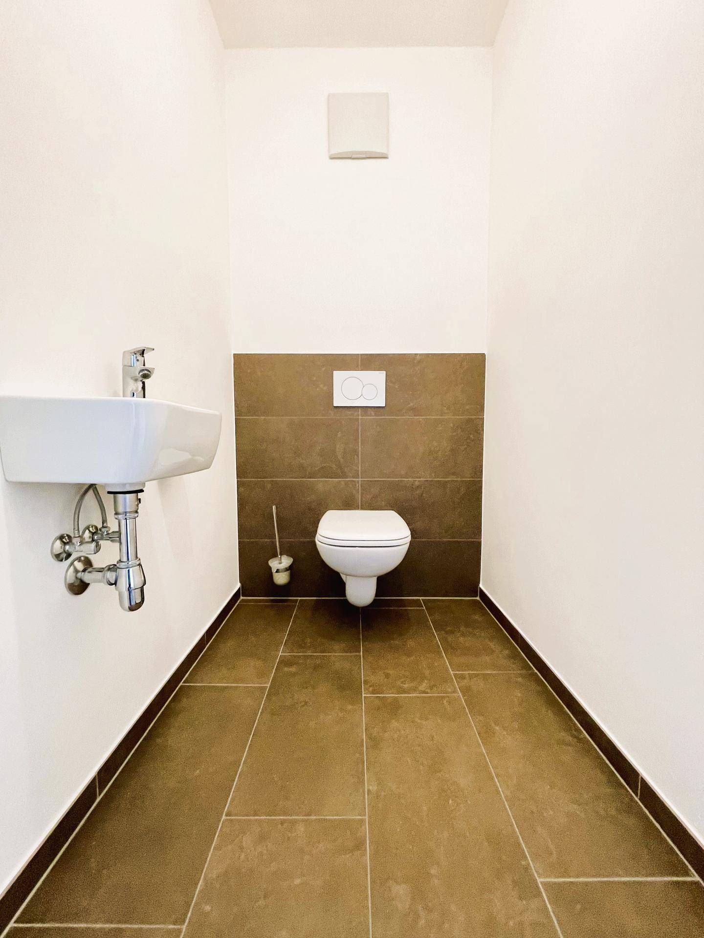 Kleines Gäste-WC mit dunklen Fliesen, wandhängendem WC und modernem Waschbecken.