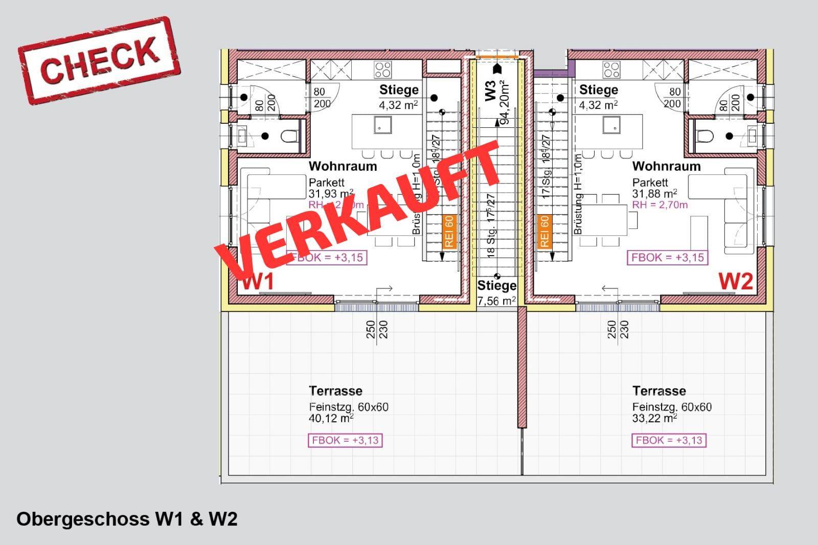 Grundriss des Obergeschosses mit Wohnräumen und Terrassen für zwei separate Wohneinheiten.