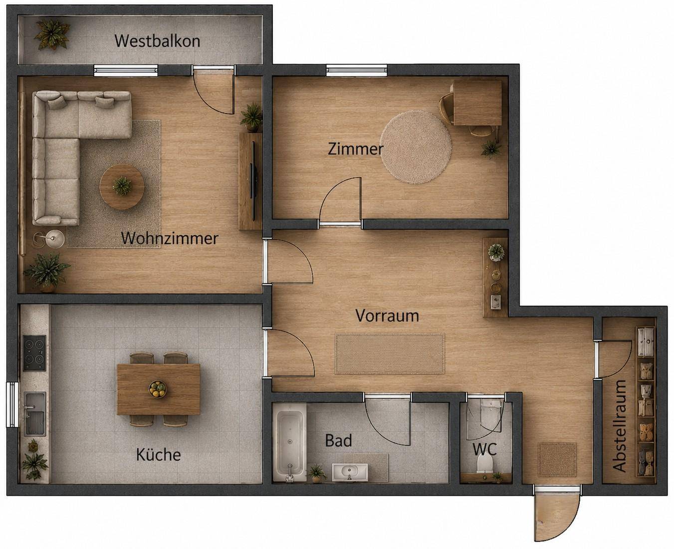 Grundriss der Wohnung mit Wohnzimmer, Küche, Schlafzimmer, Bad und Balkon.