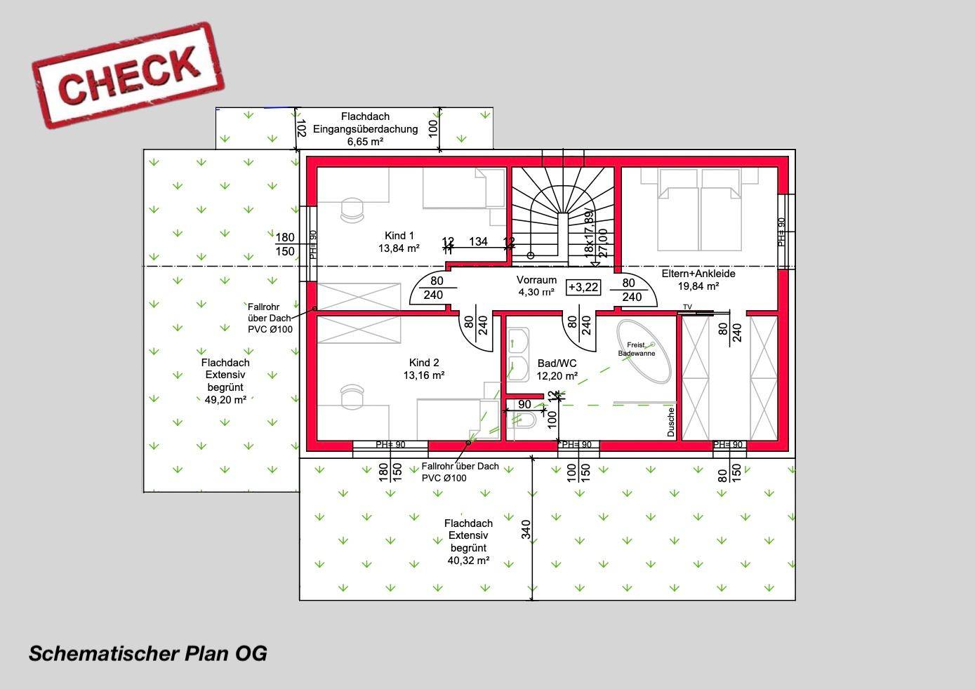 Schematischer Grundriss des Obergeschosses mit zwei Kinderzimmern, Elternschlafzimmer und Bad.