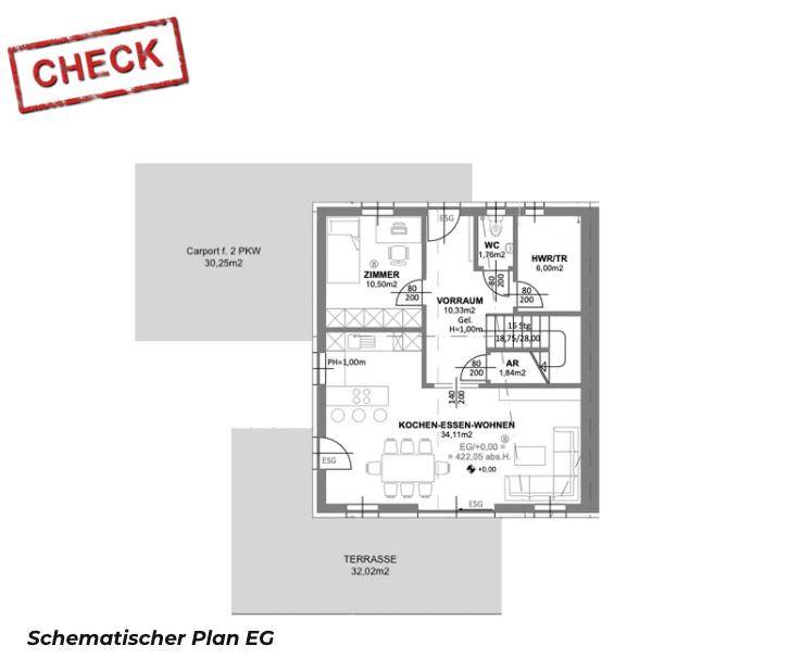 Grundriss des Erdgeschosses mit offenem Wohnbereich, Küche, Esszimmer und Zugang zur Terrasse.