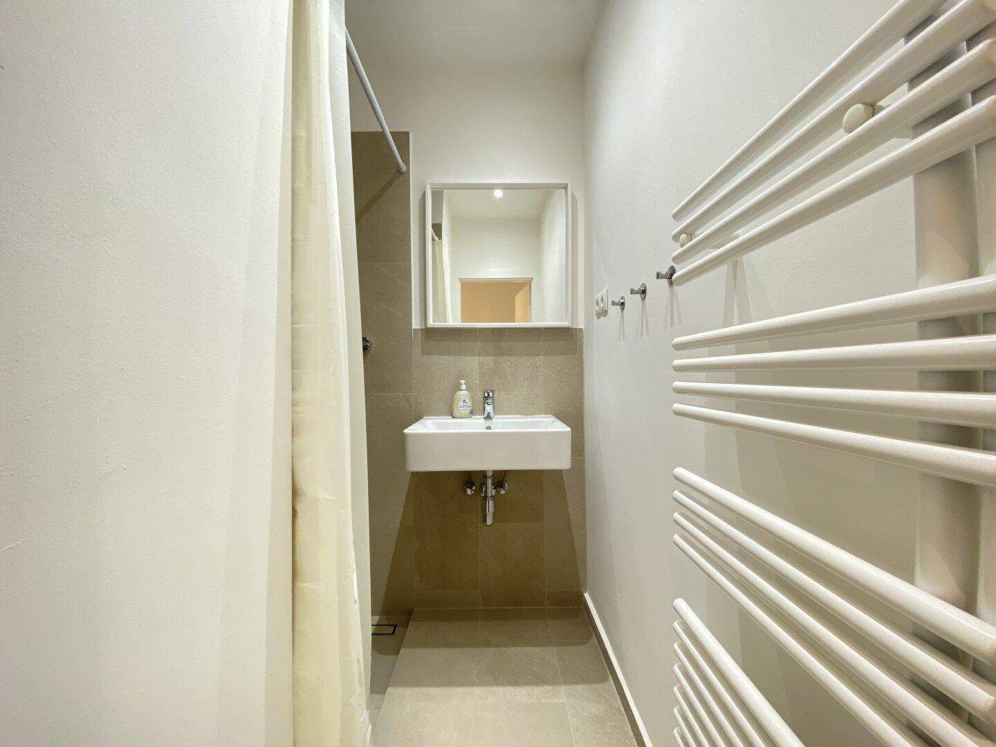 Modernes Badezimmer mit Waschbecken, Spiegel und beheiztem Handtuchhalter.
