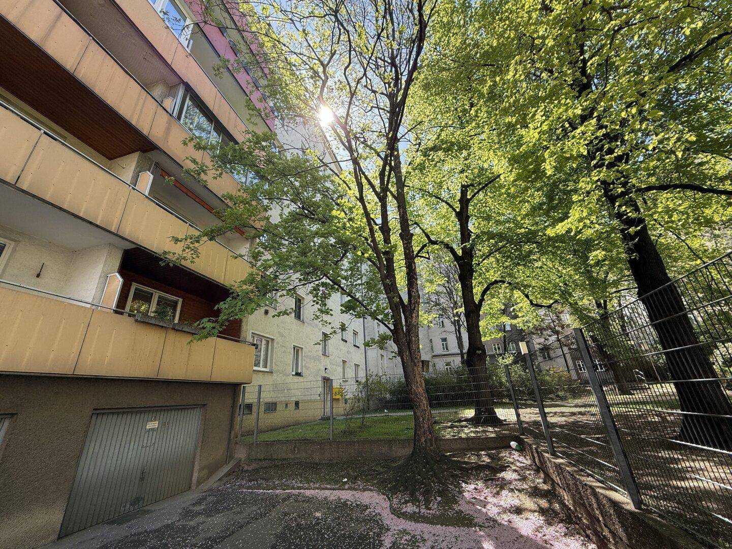 Sonnige Ansicht des Mehrfamilienhauses mit grünen Bäumen und einem kleinen umzäunten Bereich.