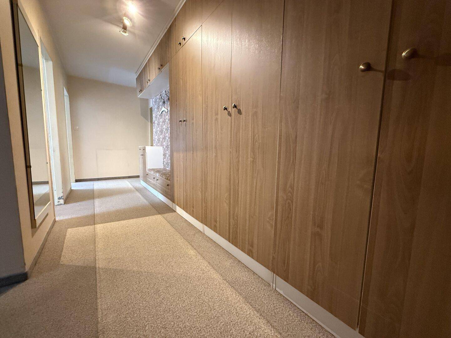 Geräumiger Flur mit durchgehenden Einbauschränken aus Holz und Teppichboden.