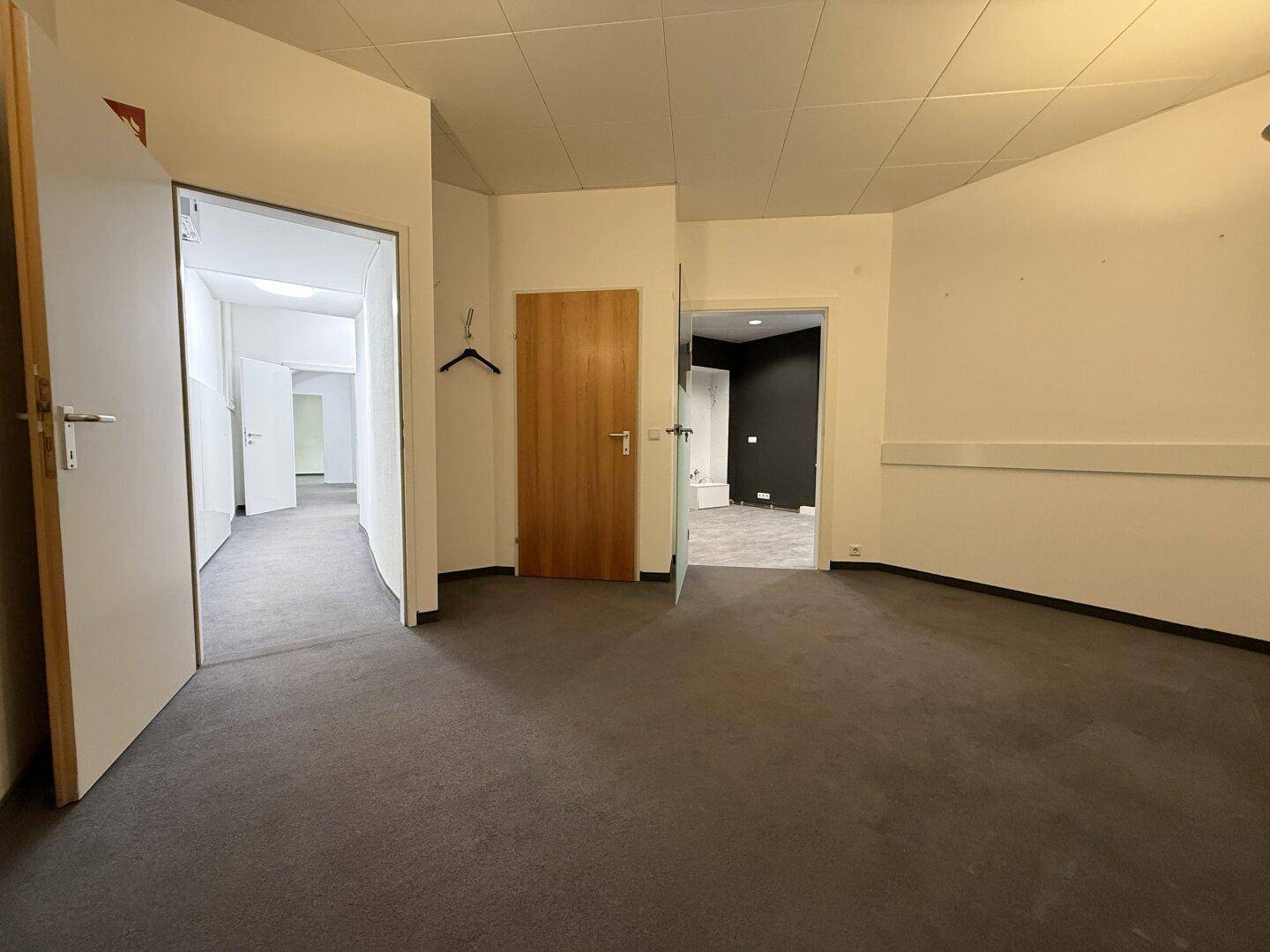 Geräumiger Flur mit Teppichboden und mehreren Türen, der Zugang zu verschiedenen Büroräumen bietet.