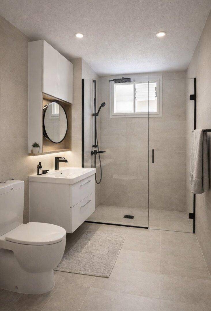 Modernes Badezimmer mit begehbarer Dusche, Fenster und eleganten schwarzen Armaturen.