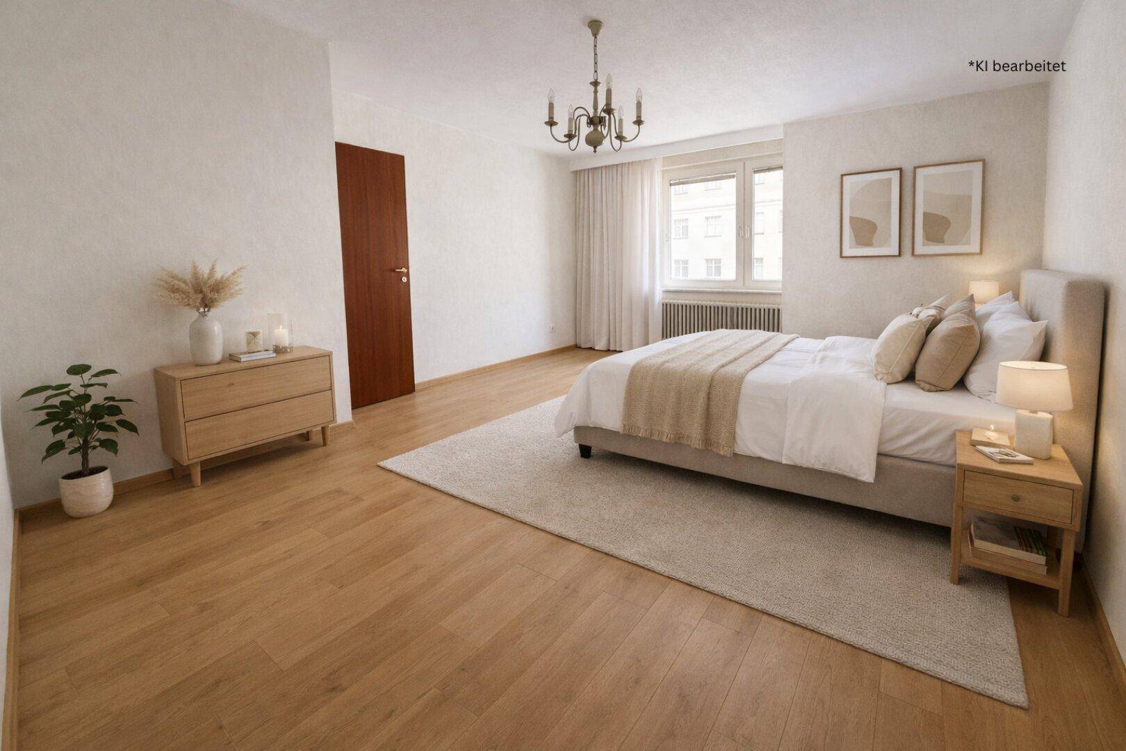 Helles Schlafzimmer mit Doppelbett, Holzboden und moderner Einrichtung, mit Blick nach draußen.