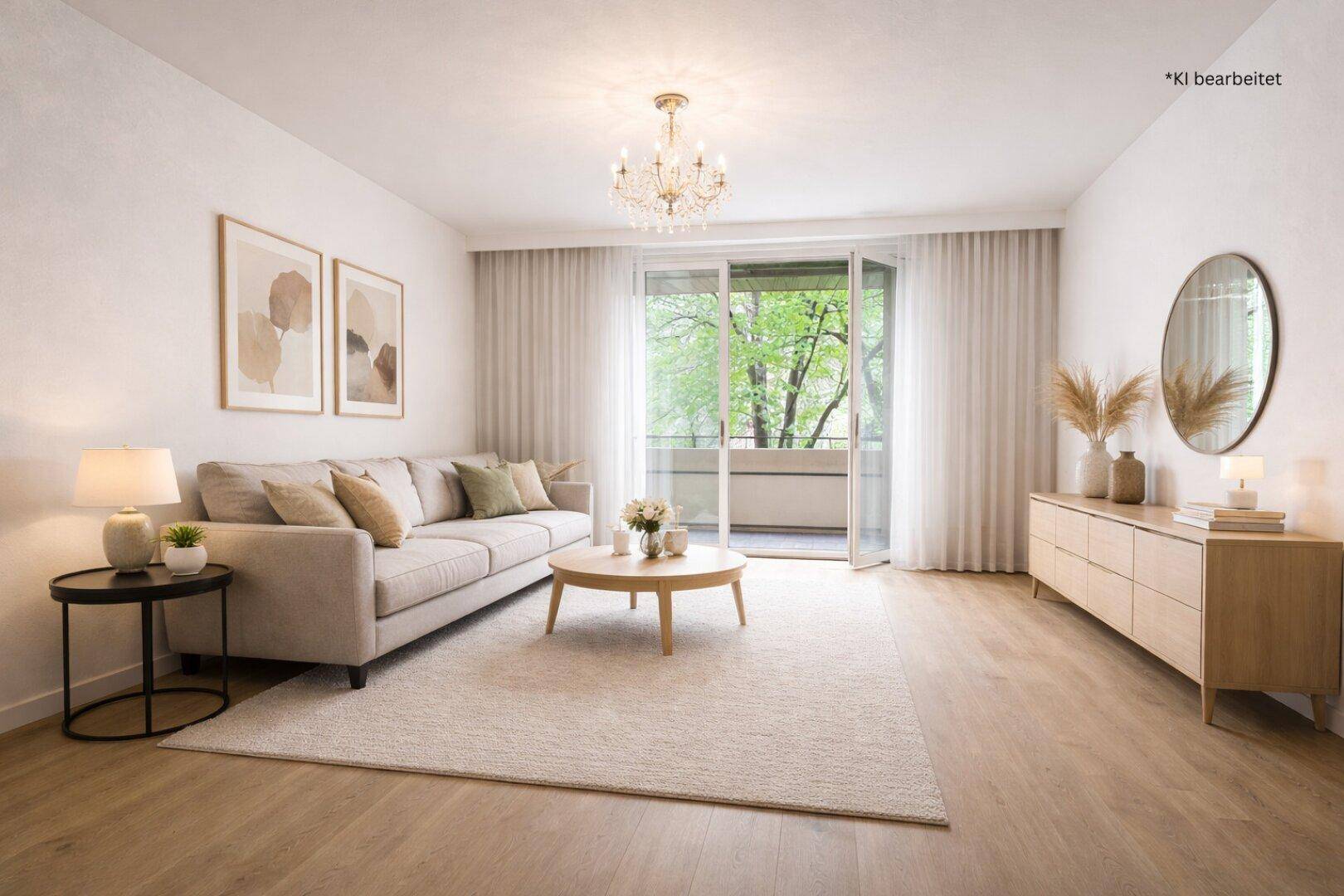 Helles Wohnzimmer mit modernem Sofa, Holzboden und Zugang zu einem Balkon mit Grünblick.
