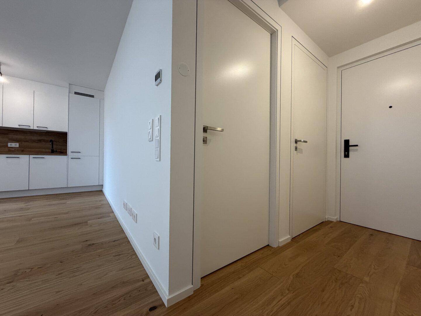 Eingangsbereich mit Holzboden und modernen weißen Türen, Blick zur Küche.