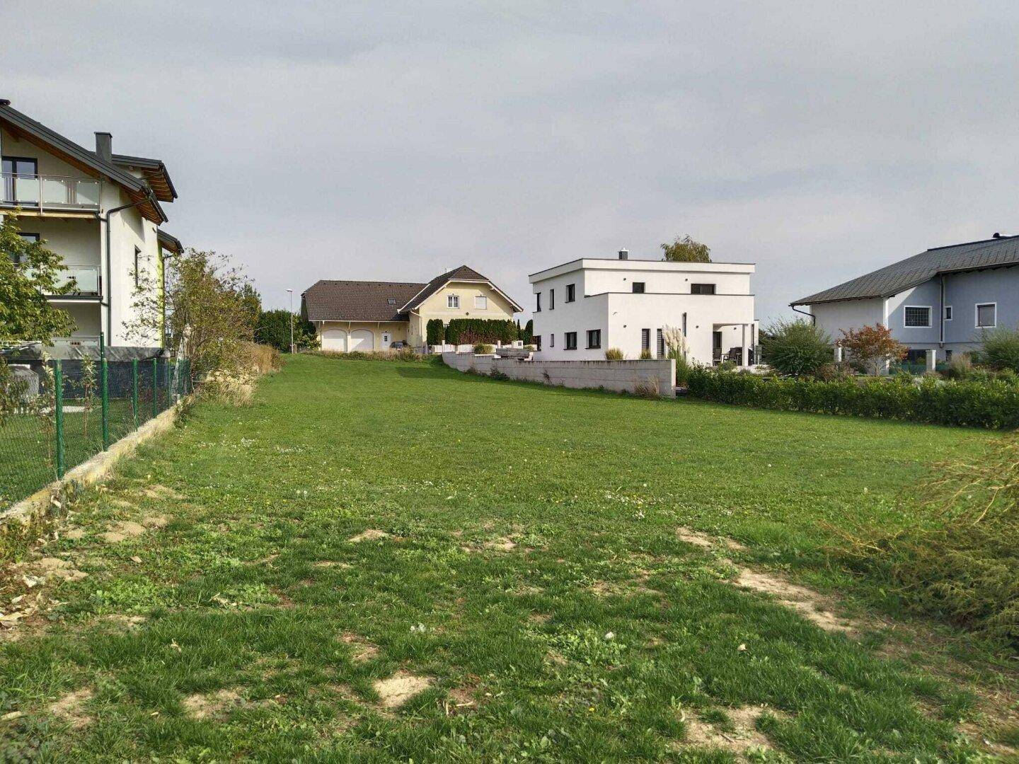 Grüne Freifläche mit Blick auf umliegende moderne Einfamilienhäuser und die weite Landschaft.