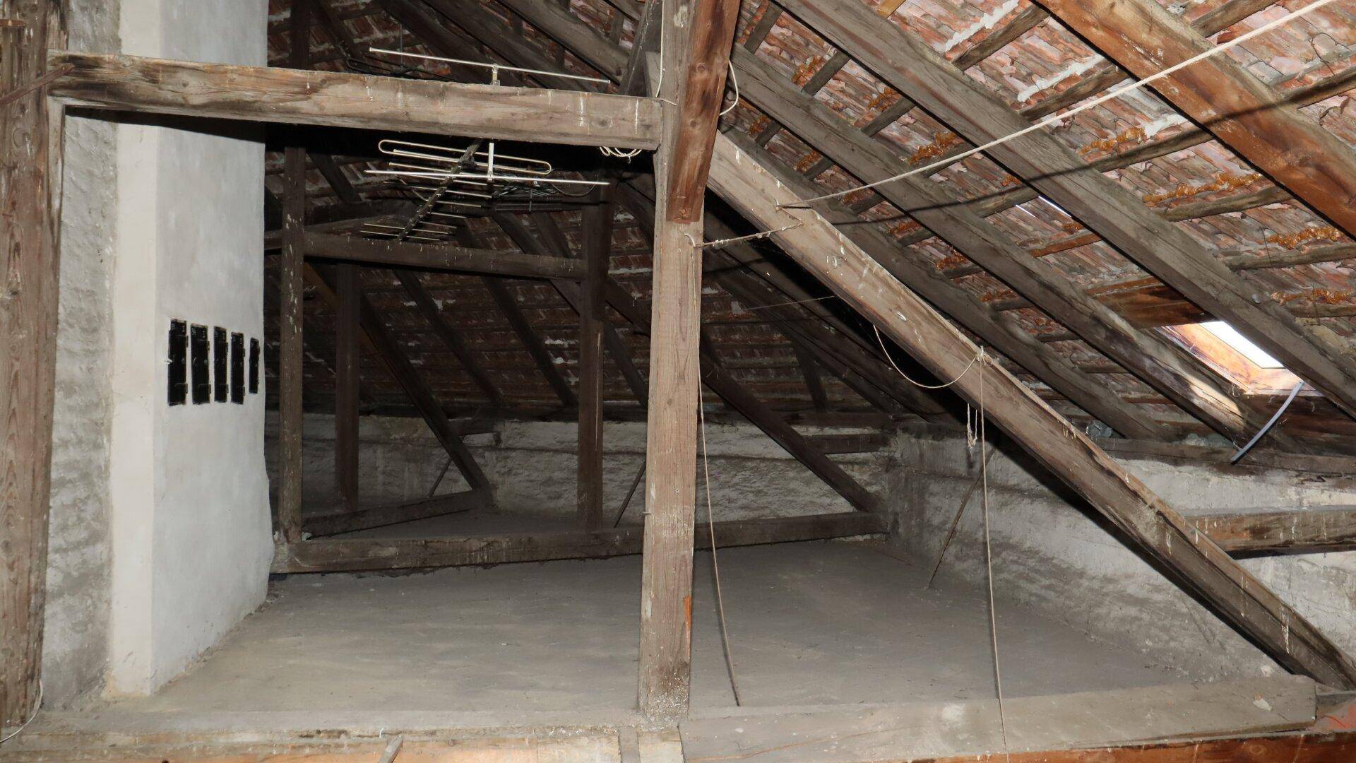 Geräumiger Dachboden mit sichtbarer Holzkonstruktion, Antenne und einem Dachfenster.