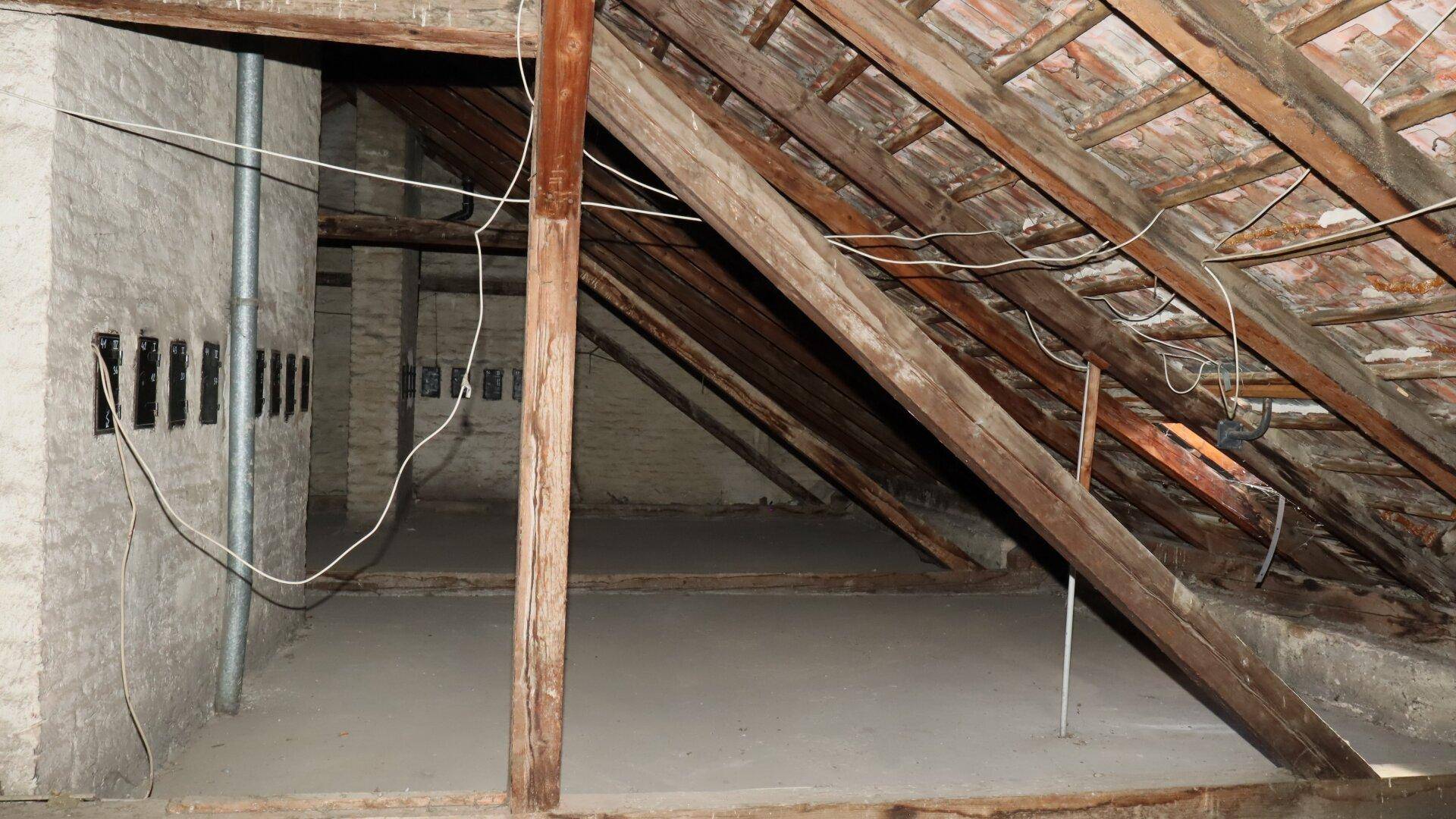 Dachboden im Rohzustand mit freiliegenden Holzbalken und Installationsleitungen.