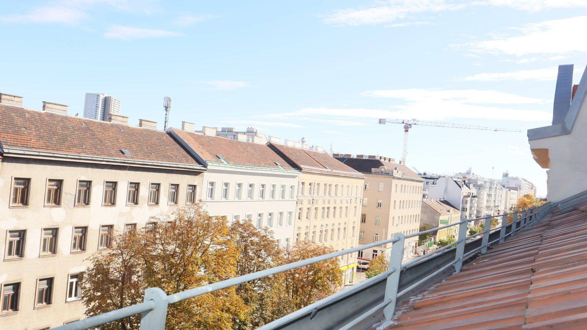 Blick über die Dächer der Stadt mit herbstlichen Bäumen und einem Baukran am Horizont.