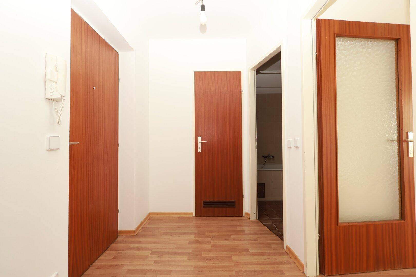 Heller Flur mit Laminatboden und mehreren Holztüren, inklusive Gegensprechanlage.