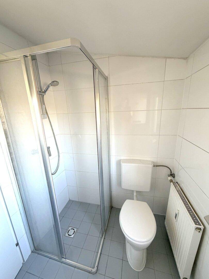 Modernes Badezimmer mit Duschkabine, WC und hellen Fliesen an Wänden und Boden.