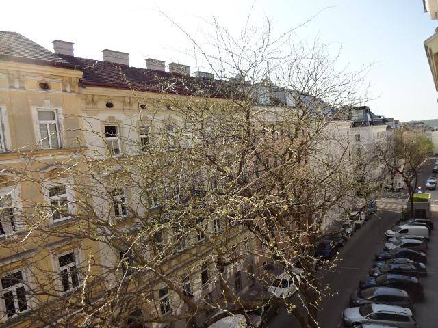 Blick von oben auf eine belebte Straße mit historischen Gebäuden, parkenden Autos und Bäumen.