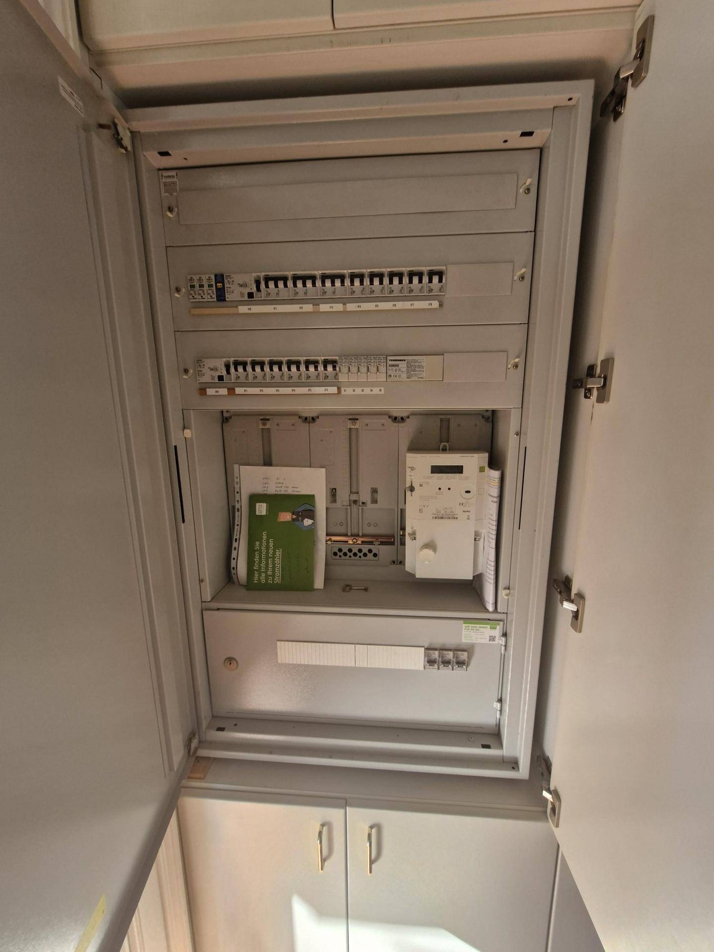 Moderner Sicherungskasten und Stromzähler in einem aufgeräumten Technikraum oder Flur.