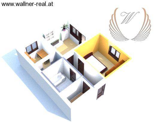 Dreidimensionaler Grundriss einer Wohnung mit Schlafzimmer, Bad und Wohnbereich.