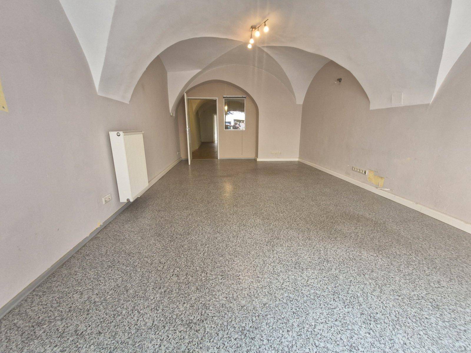 Geräumiger Innenraum mit markanten Gewölbedecken und einem strapazierfähigen, gesprenkelten Vinylboden.