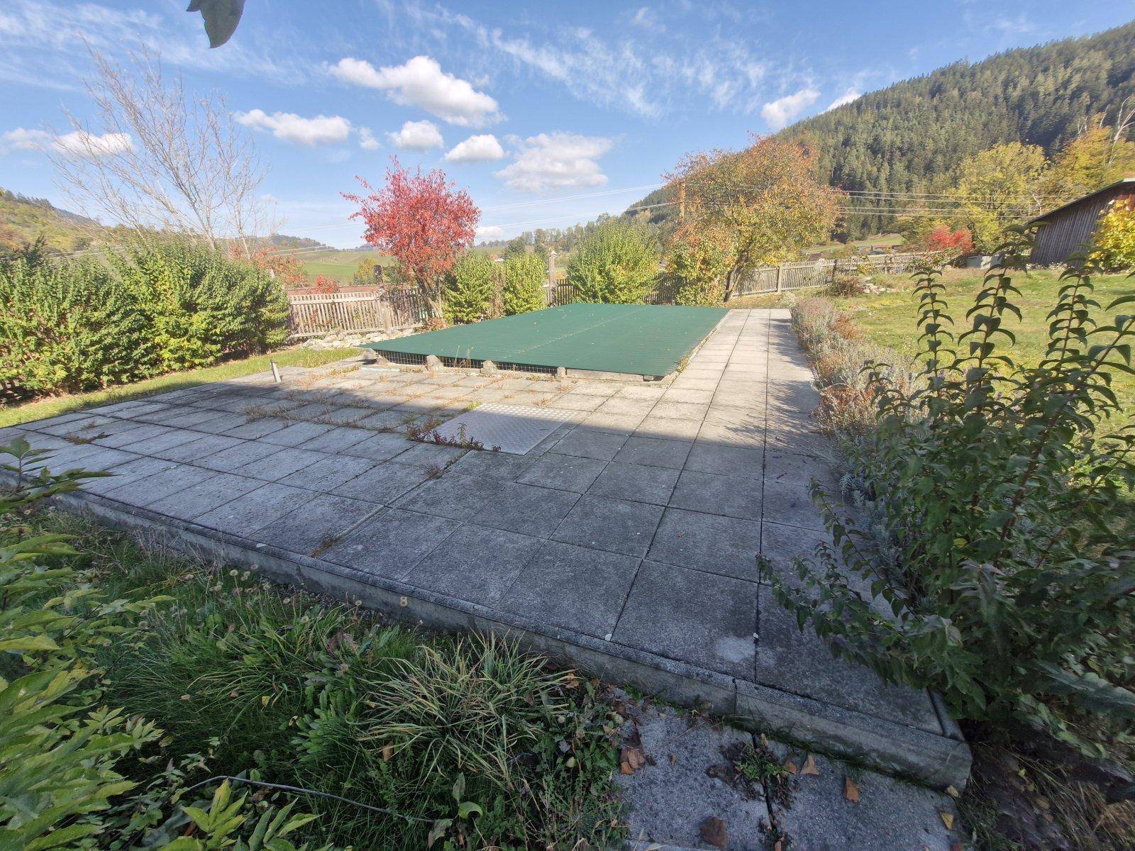 Gepflasterte Fläche im Garten mit abgedecktem Pool und üppiger Bepflanzung.
