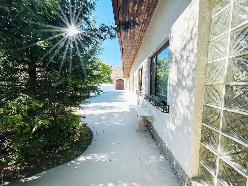 Heller Hofbereich neben einem Gebäude mit Glasbausteinen und einem großen Baum.