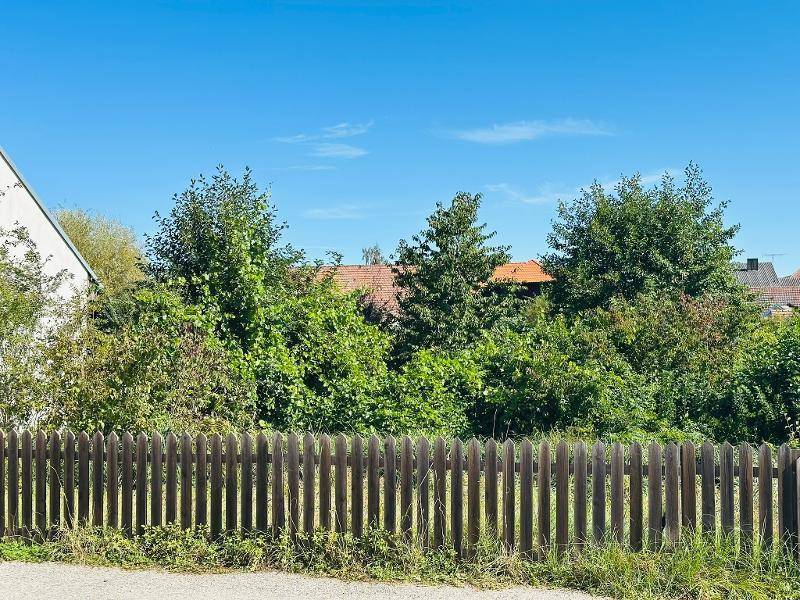 Überwachsenes Grundstück mit Holzzaun und Blick auf benachbarte Dächer unter blauem Himmel.