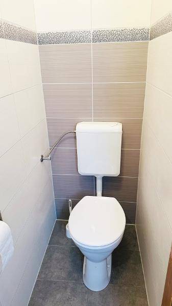 Separates WC mit Stand-Toilette und modernen grauen sowie weißen Wandfliesen.