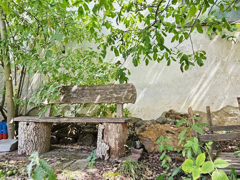 Rustikale Holzbank unter einem Baum in einem grünen Garten mit einer alten Mauer im Hintergrund.