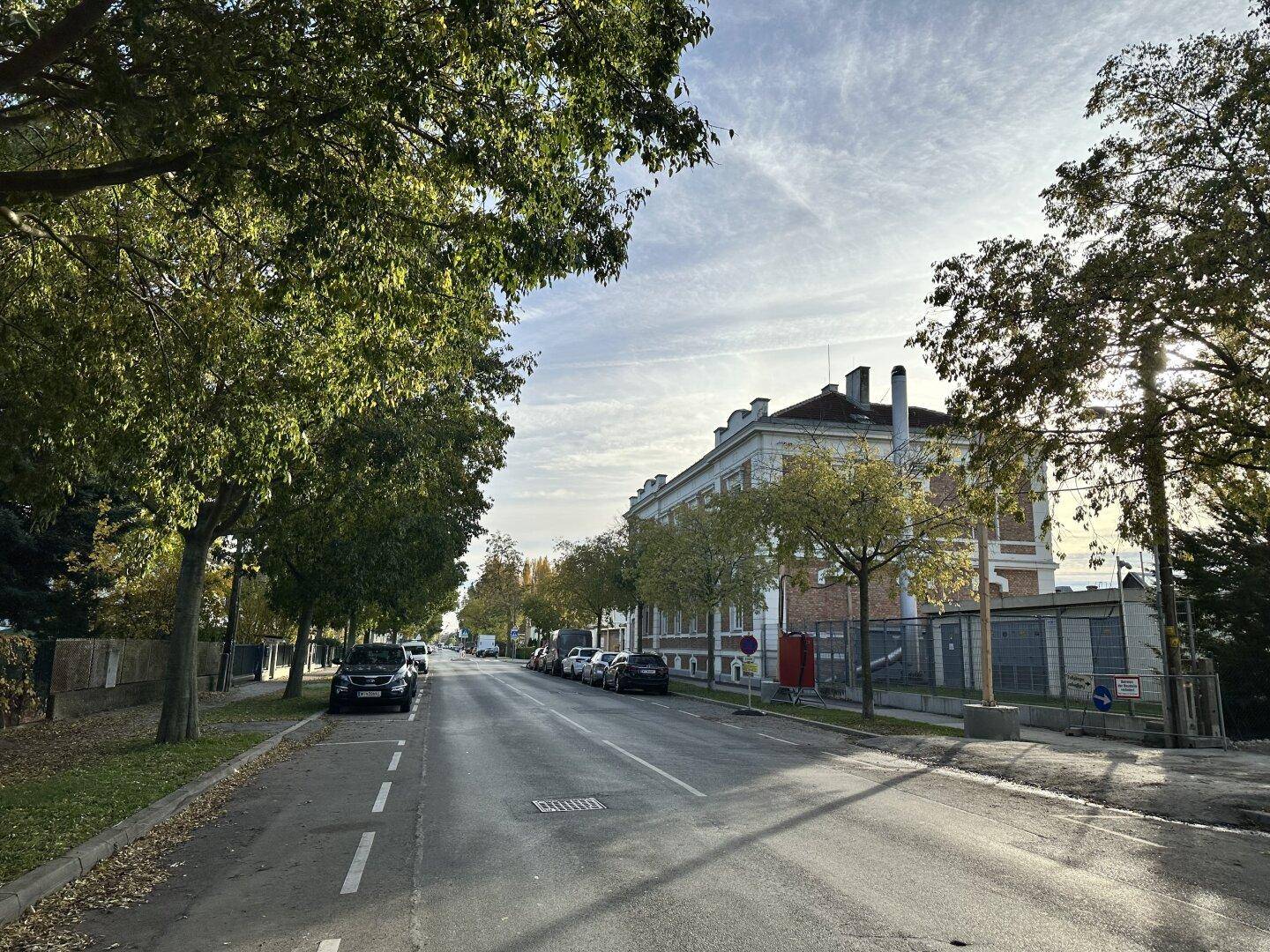 Eine ruhige Straße mit Bäumen und einem Gebäude im Hintergrund, typisch für die Umgebung.