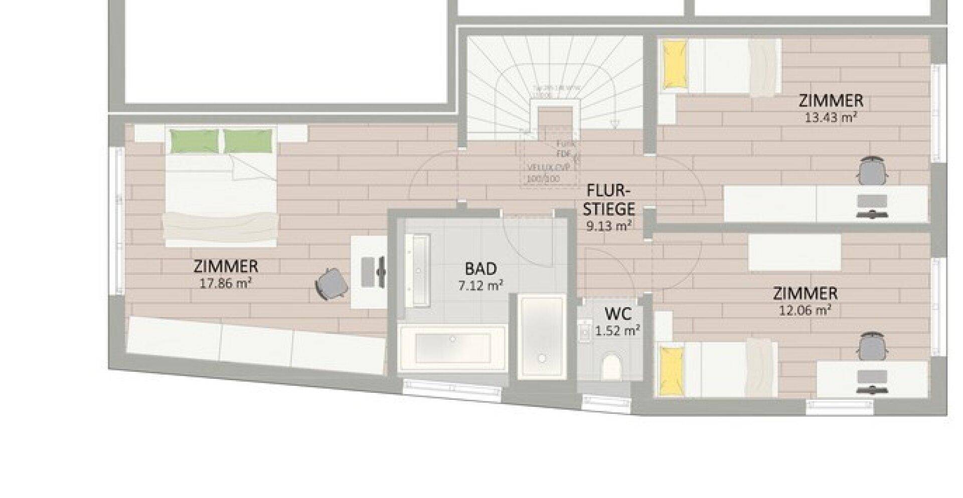 Grundriss des Obergeschosses mit drei Schlafzimmern, Bad und separatem WC.