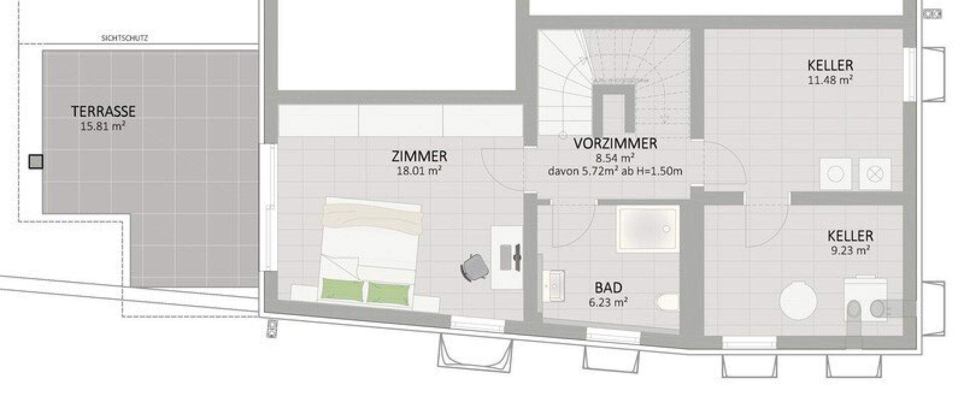 Grundriss des Gartengeschosses mit Zimmer, Bad, zwei Kellerräumen und Terrasse.