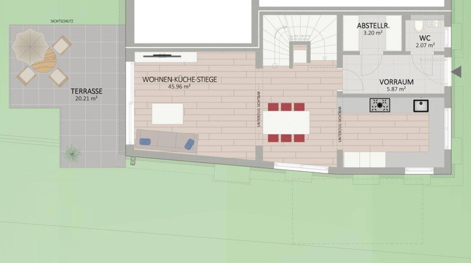Grundriss des Erdgeschosses mit offenem Wohn-Küchenbereich, Terrasse und Abstellraum.