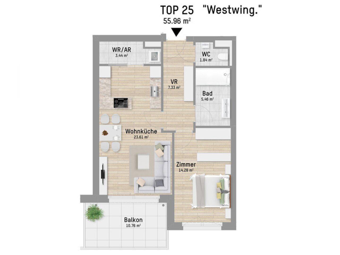 Detaillierter Grundriss einer Wohnung mit offener Wohnküche, Schlafzimmer und Balkon.