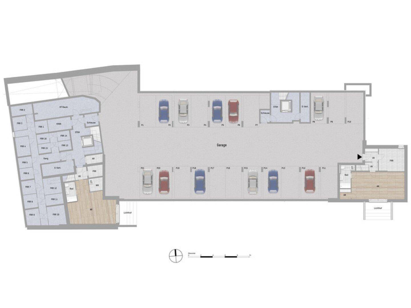 Grundriss einer Tiefgarage mit zahlreichen Stellplätzen und Zugang zu weiteren Räumen.