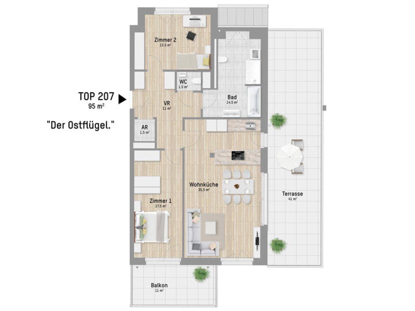 Detaillierter Grundriss der Wohnung TOP 207 mit 95 m², Terrasse und Balkon.