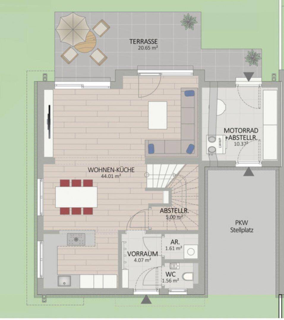Grundriss des Erdgeschosses mit offener Wohnküche, großer Terrasse und Stellplätzen.