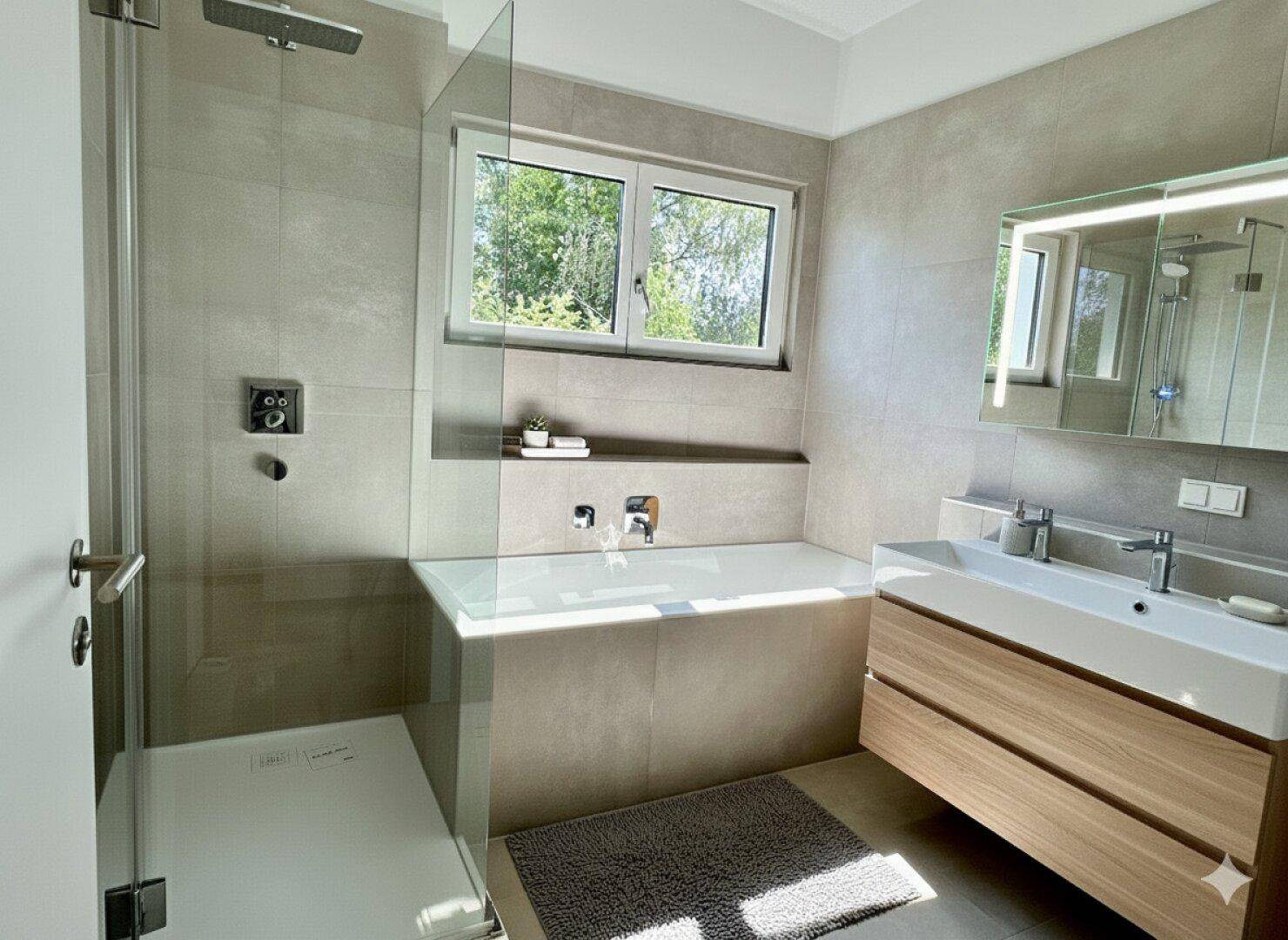 Modernes Badezimmer mit begehbarer Dusche, Badewanne, Doppelwaschbecken und großem Fenster.