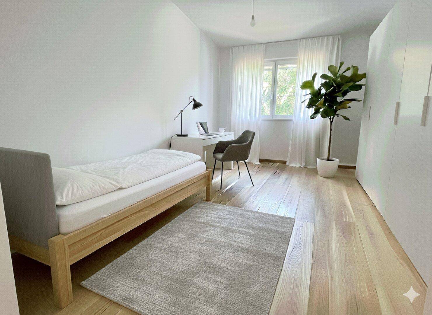 Freundliches Schlafzimmer mit Einzelbett, Schreibtisch, Eichenparkett und viel Tageslicht.