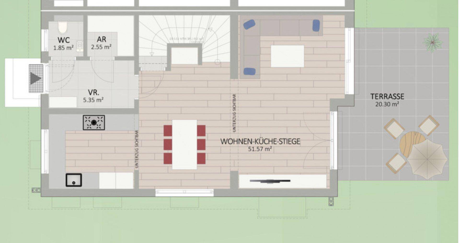 Grundriss des Erdgeschosses mit offenem Wohn-Küchenbereich, WC und einer großen Terrasse.