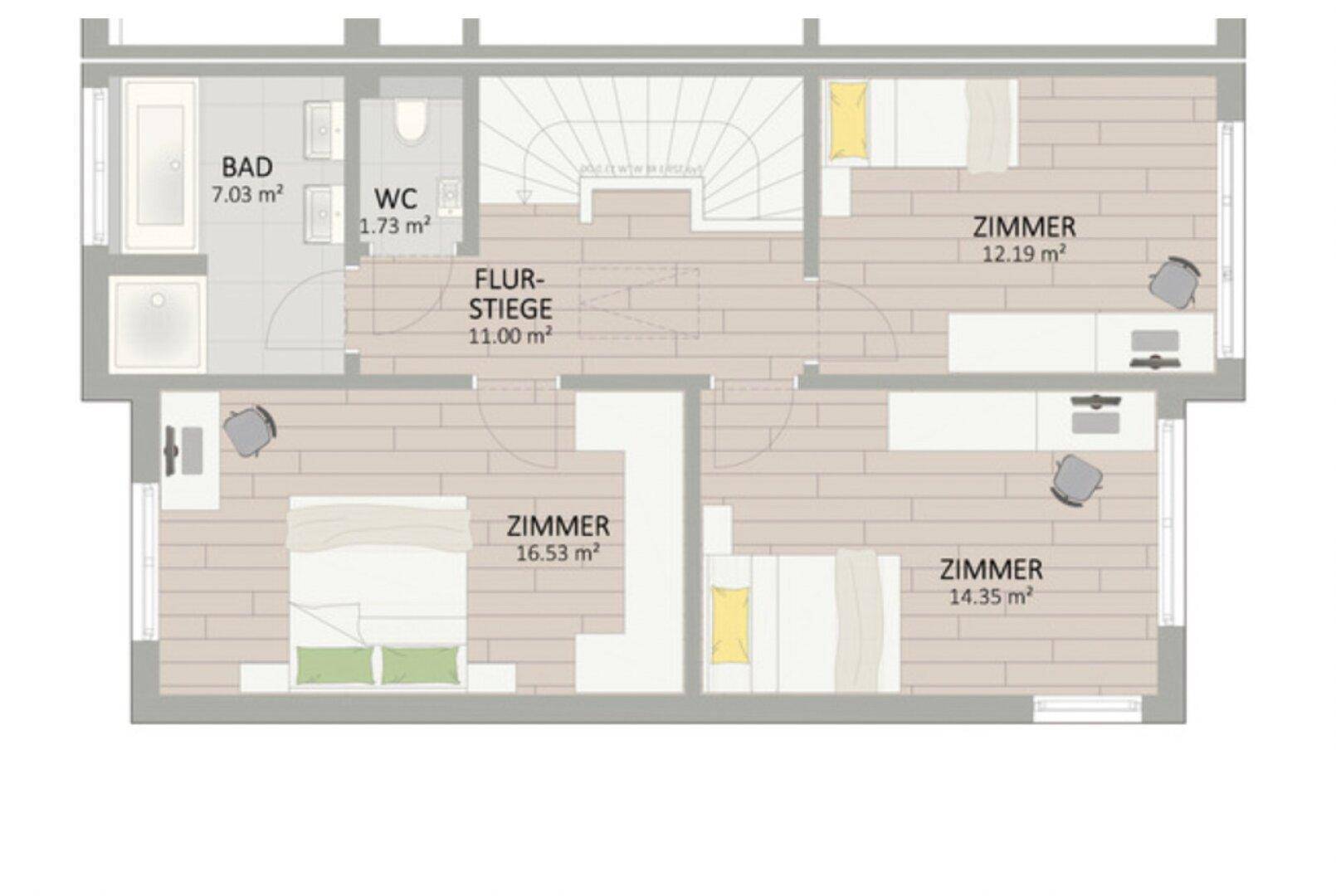 Grundriss des Obergeschosses mit drei Schlafzimmern, einem Badezimmer und separatem WC.