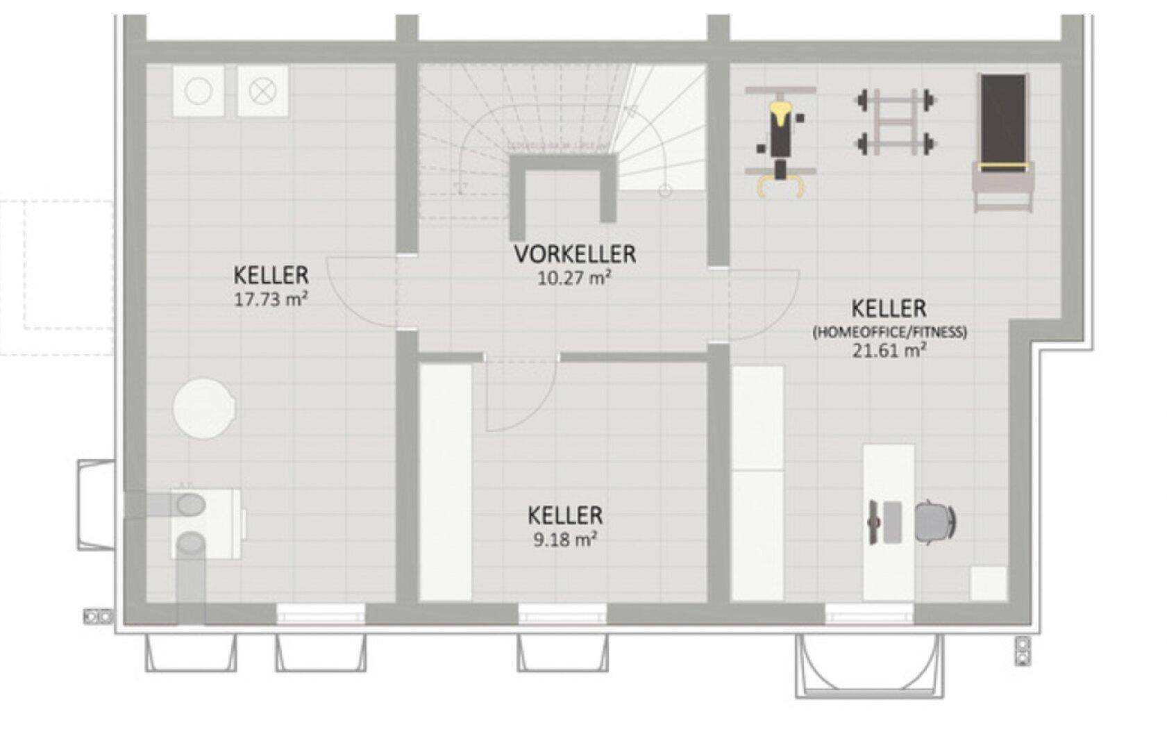 Grundriss des Kellers mit mehreren Kellerräumen, darunter ein Bereich für Homeoffice oder Fitness.