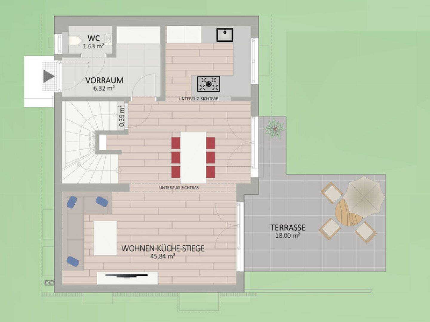 Grundriss des Erdgeschosses mit offener Wohnküche, Essbereich und Zugang zur Terrasse.