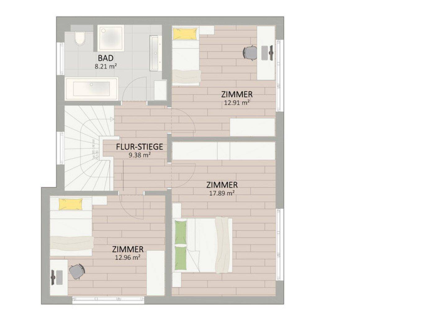 Grundriss des Obergeschosses mit drei Schlafzimmern, einem Badezimmer und Flur.