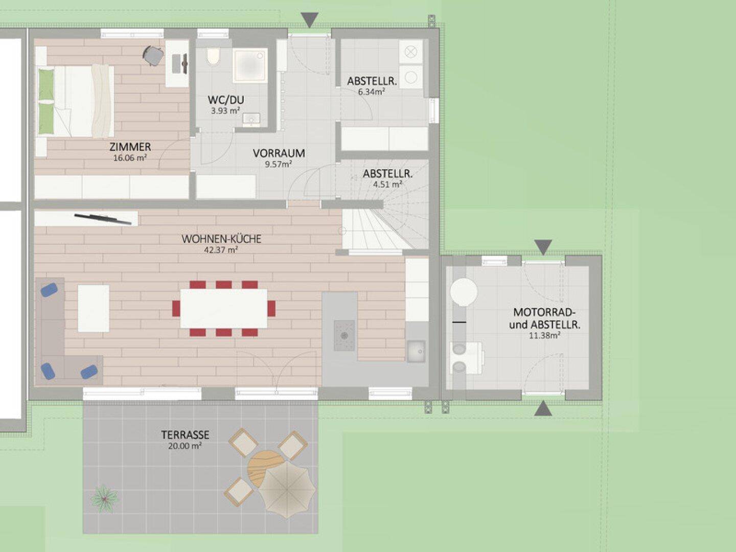 Grundriss des Erdgeschosses mit offener Wohnküche, Zimmer, Bad und Terrasse.