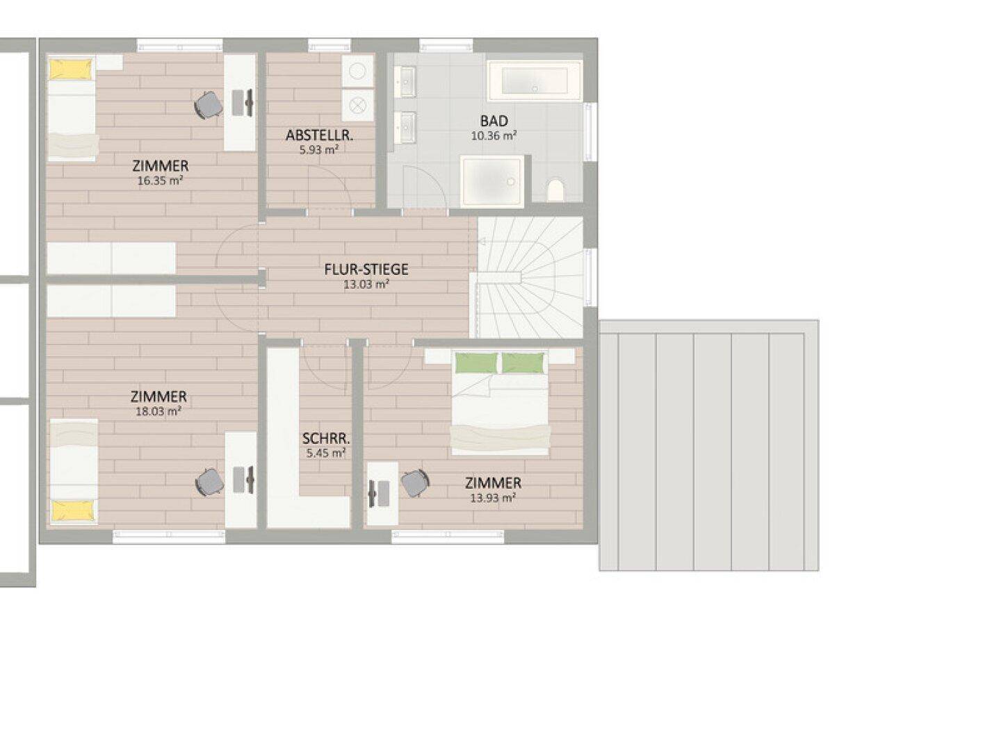 Grundriss des Obergeschosses mit mehreren Zimmern, Badezimmer und Flur.