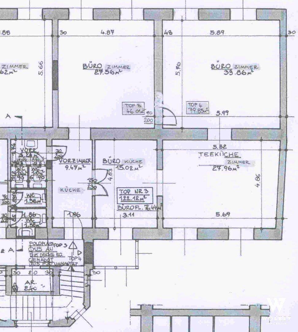 Detaillierter Grundriss mit Raumaufteilung und Flächenangaben für Büros und Teeküche.